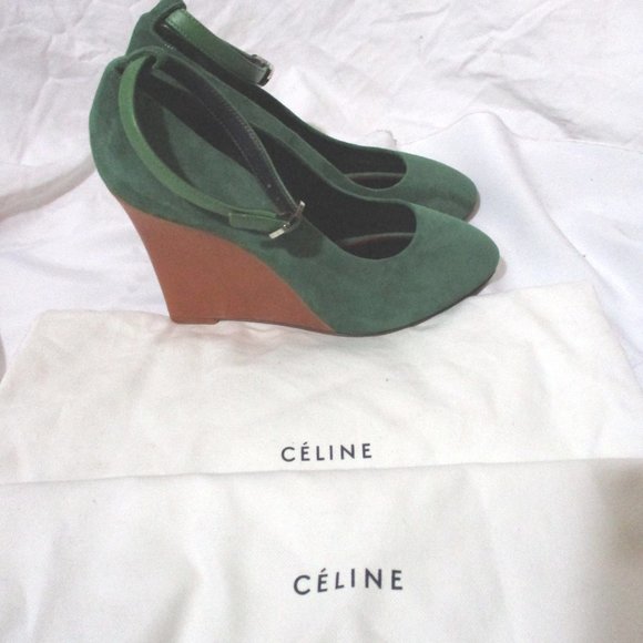 NEW CELINE PARIS PUMP WEDGE High Heel Shoe 37 GREEN Suede - Picture 3 of 7